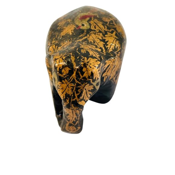 Handcrafted Elephant Figurine With Gold Leaf Pattern Bird Design 2" - Picture 3 of 6